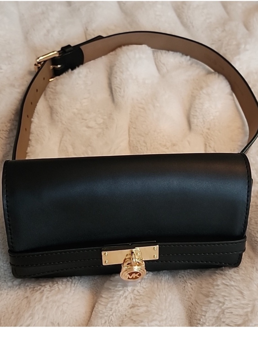 MICHAEL KORS BLACK LEATHER CROSSBODY BELT BAG WITH GOLD HARDWARE
